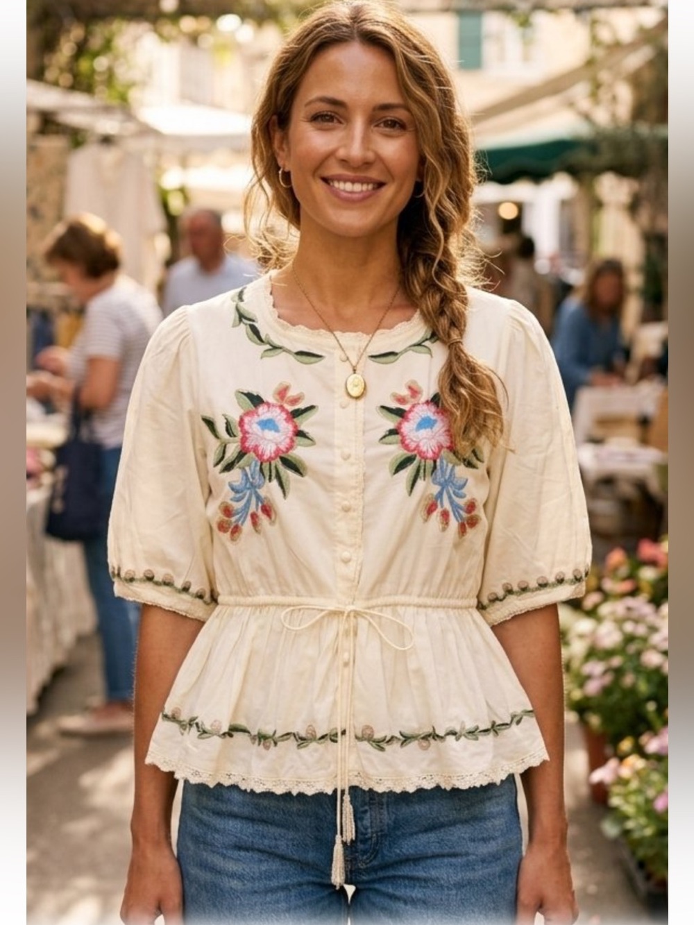 Jennifer & Grace Boho Cotton Embroidered Button Down Peplum Tie-Waist Top Medium